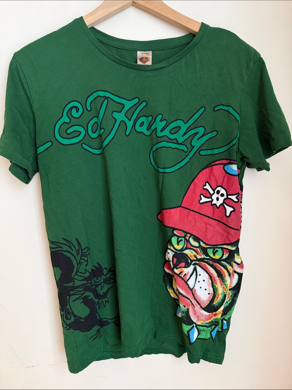 Ed Hardy Green Tee with Colorful Bulldog and Script